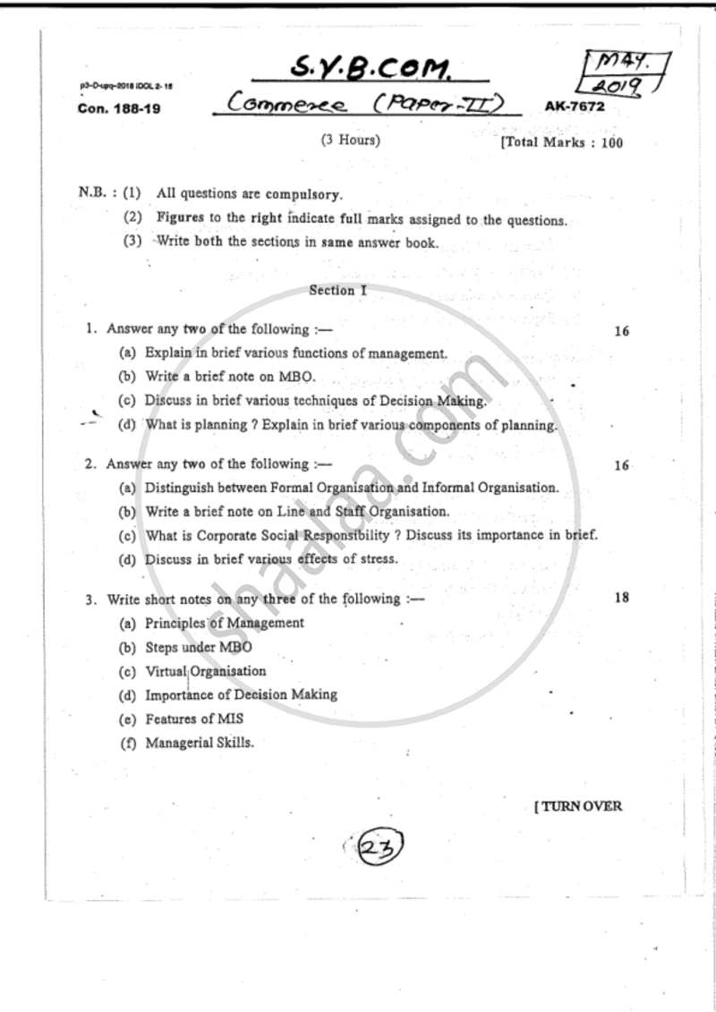 Commerce 2 - Management Function and Challenges : Production and Finance 2018-2019 - B.Com. - 2nd Year (SYBcom) - University of Mumbai question paper with PDF download