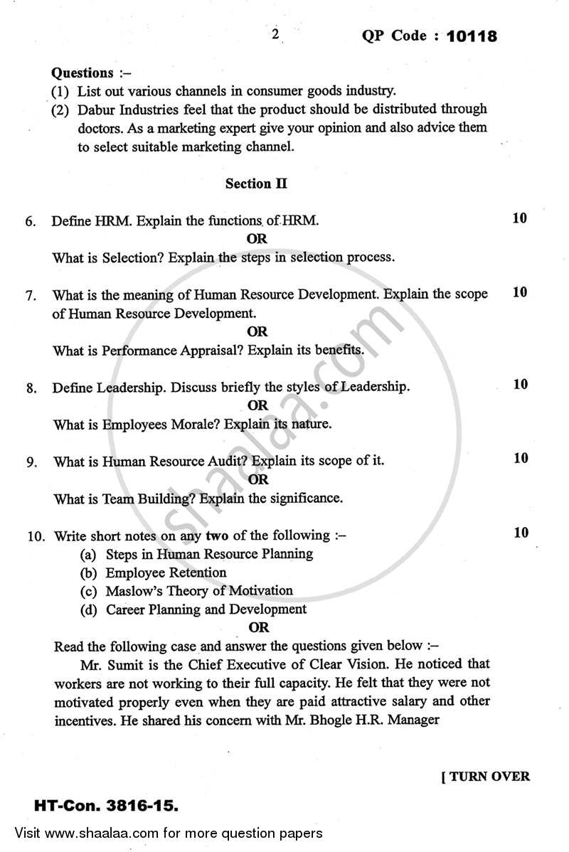 Commerce 3 - Marketing and Human Resource Management 2014-2015 - B.Com. - 3rd Year (TYBcom) - University of Mumbai question paper with PDF download