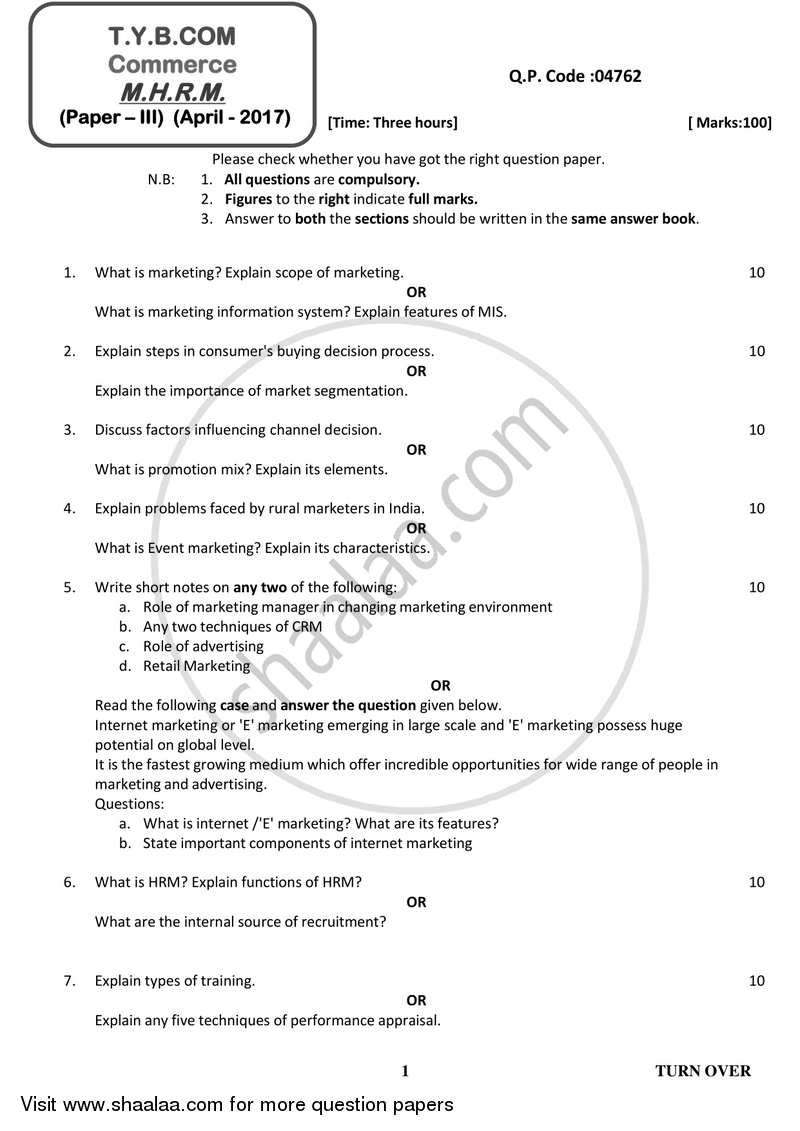 Commerce 3 - Marketing and Human Resource Management 2016-2017 - B.Com. - 3rd Year (TYBcom) - University of Mumbai question paper with PDF download