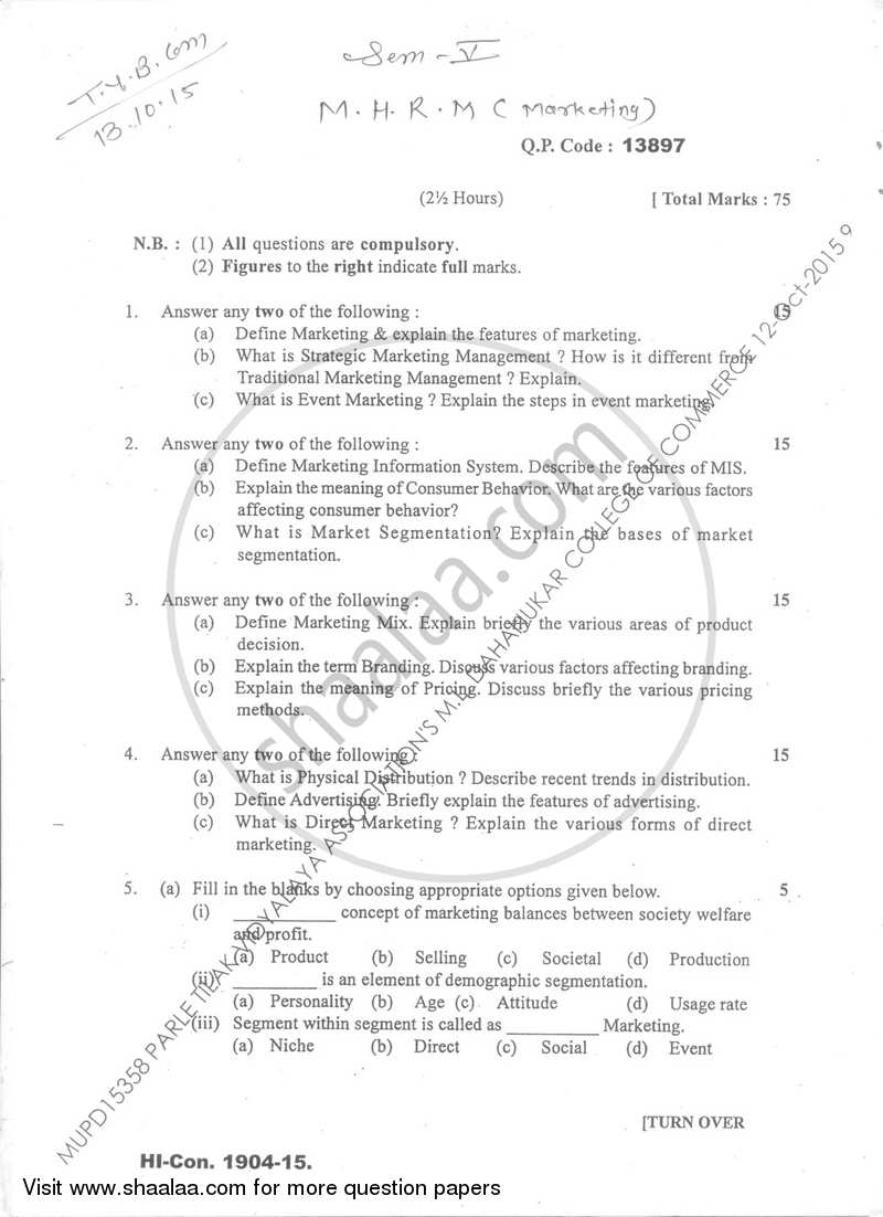 Commerce 5 (Marketing and Human Resource Management) 2015-2016 - B.Com. - Semester 5 (TYBcom) - University of Mumbai question paper with PDF download