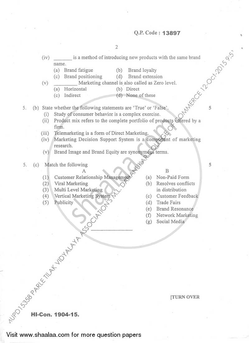 Commerce 5 (Marketing and Human Resource Management) 2015-2016 - B.Com. - Semester 5 (TYBcom) - University of Mumbai question paper with PDF download
