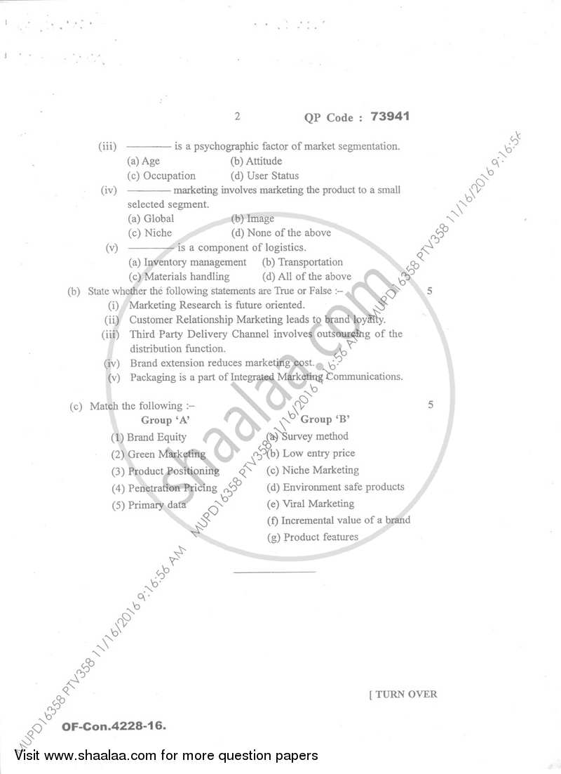 Commerce 5 (Marketing and Human Resource Management) 2016-2017 - B.Com. - Semester 5 (TYBcom) - University of Mumbai question paper with PDF download