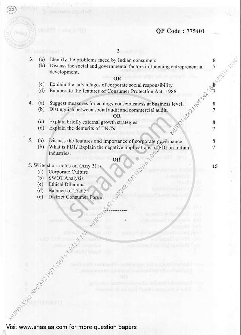 Commerce-Business Environment 1 2016-2017 - B.Com. - Semester 1 (FYBAF) - University of Mumbai question paper with PDF download