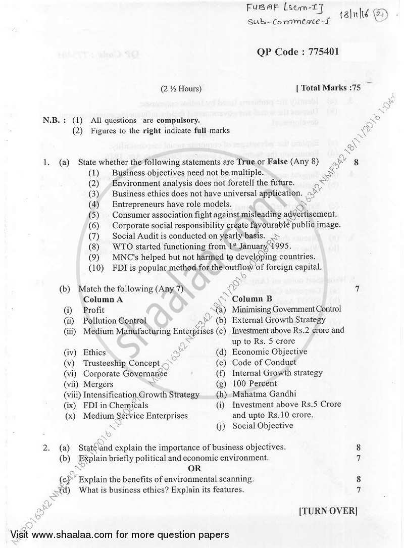 Commerce-Business Environment 1 2016-2017 - B.Com. - Semester 1 (FYBAF) - University of Mumbai question paper with PDF download