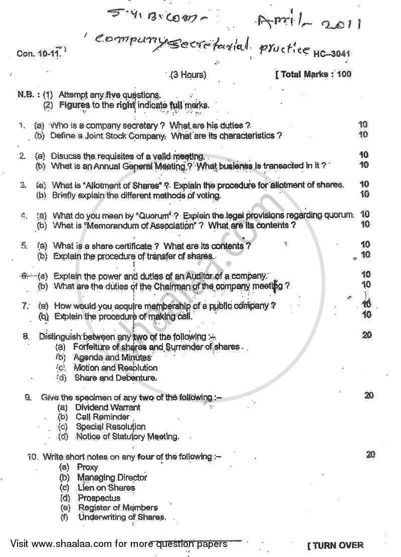 Company Secretarial Practice 2010-2011 - B.Com. - 2nd Year (SYBcom) - University of Mumbai question paper with PDF download