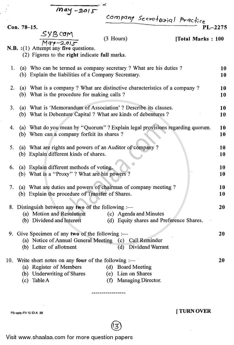 Company Secretarial Practice 2014-2015 - B.Com. - 2nd Year (SYBcom) - University of Mumbai question paper with PDF download