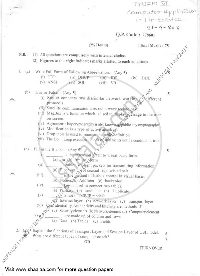 Computer Applications in Financial Services 2015-2016 - B.Com. - Semester 6 (TYBFM) - University of Mumbai question paper with PDF download