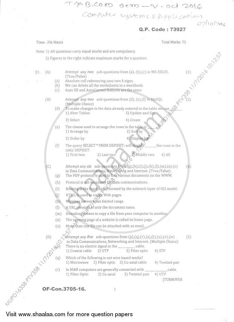 Computer Systems and Applications 2016-2017 - B.Com. - Semester 5 (TYBcom) - University of Mumbai question paper with PDF download