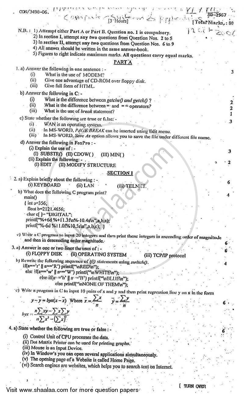 Computer Systems and Applications 2006-2007 - B.Com. - Semester 6 (TYBcom) - University of Mumbai question paper with PDF download