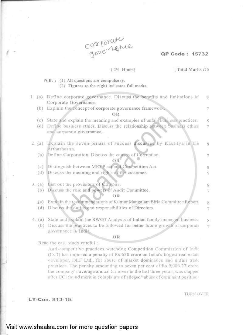 Corporate Governance 2014-2015 - B.Com. - Semester 6 (TYBFM) - University of Mumbai question paper with PDF download