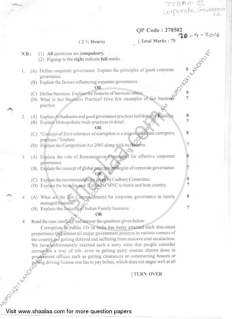 Corporate Governance 2015-2016 - B.Com. - Semester 6 (TYBFM) - University of Mumbai question paper with PDF download