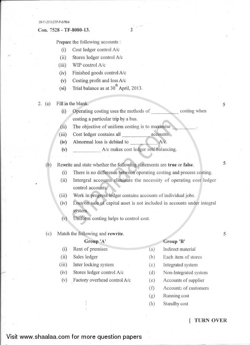 Cost Accounting 3 2013-2014 - B.Com. - Semester 5 (TYBAF) - University of Mumbai question paper with PDF download