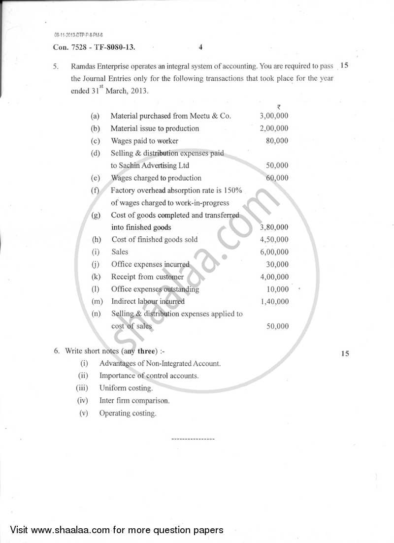 Cost Accounting 3 2013-2014 - B.Com. - Semester 5 (TYBAF) - University of Mumbai question paper with PDF download