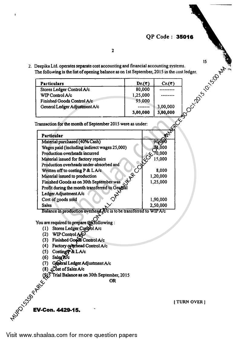 Cost Accounting 3 2015-2016 - B.Com. - Semester 5 (TYBAF) - University of Mumbai question paper with PDF download
