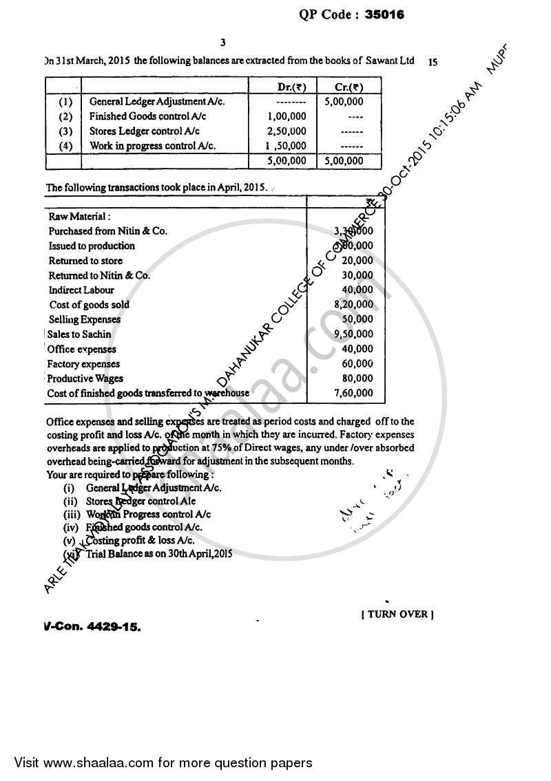 Cost Accounting 3 2015-2016 - B.Com. - Semester 5 (TYBAF) - University of Mumbai question paper with PDF download