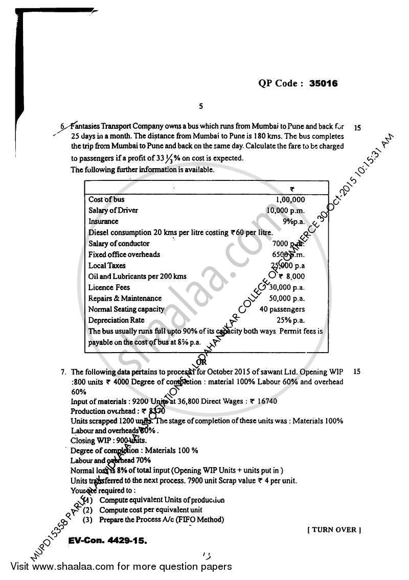 Cost Accounting 3 2015-2016 - B.Com. - Semester 5 (TYBAF) - University of Mumbai question paper with PDF download