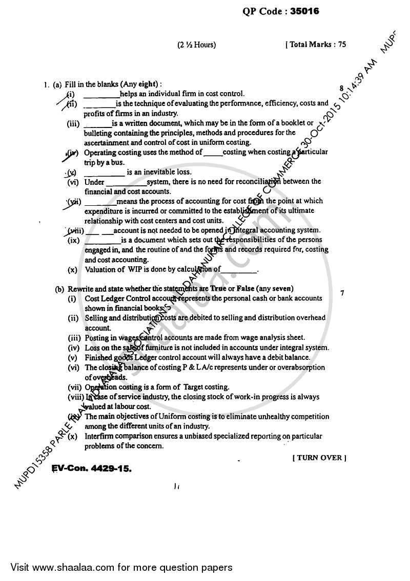 Cost Accounting 3 2015-2016 - B.Com. - Semester 5 (TYBAF) - University of Mumbai question paper with PDF download