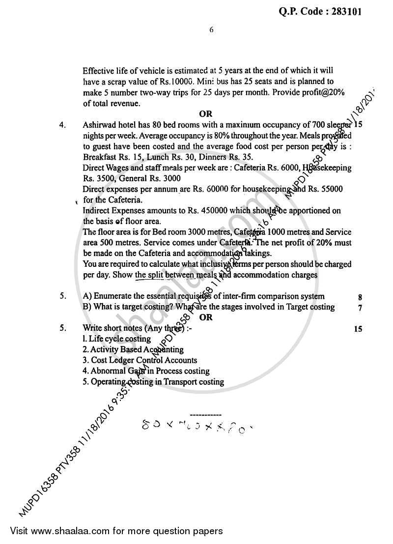 Cost Accounting 3 2016-2017 - B.Com. - Semester 5 (TYBAF) - University of Mumbai question paper with PDF download