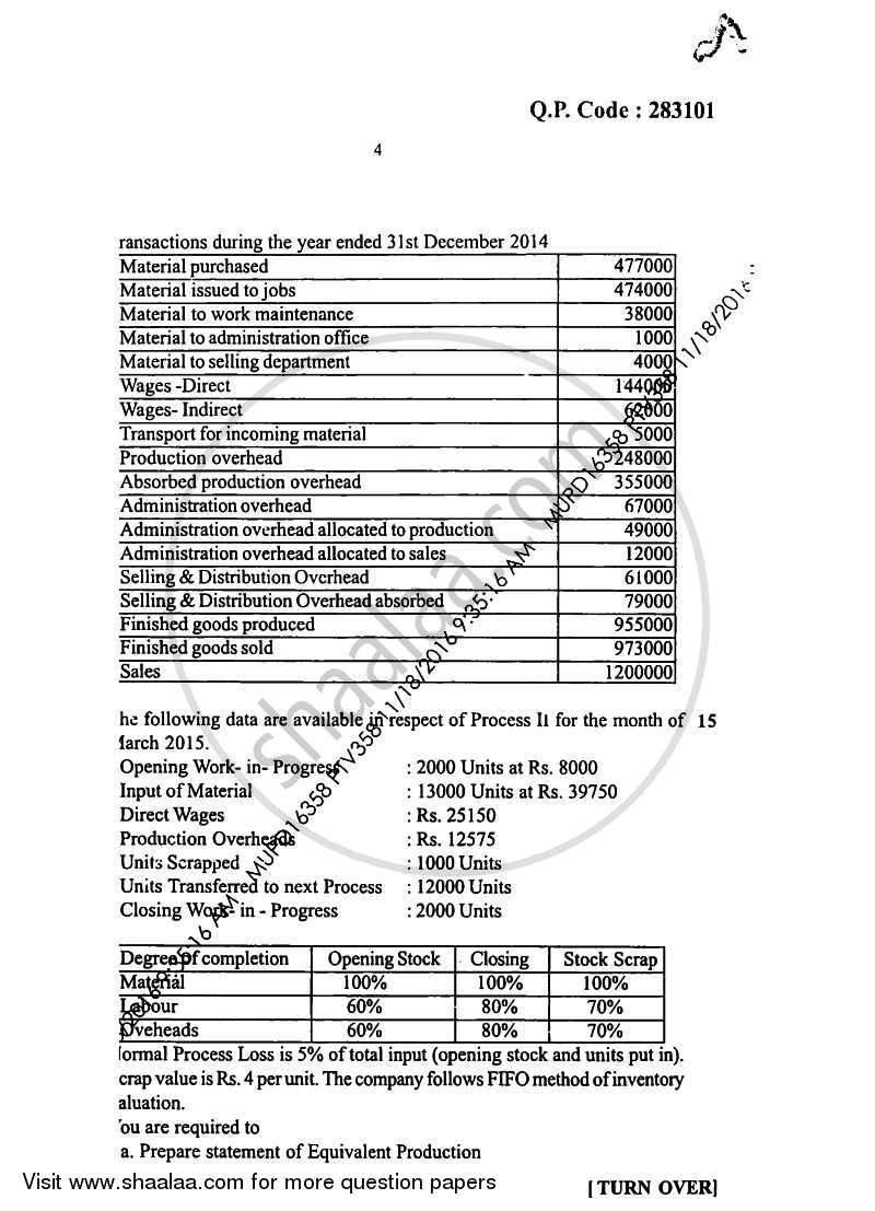 Cost Accounting 3 2016-2017 - B.Com. - Semester 5 (TYBAF) - University of Mumbai question paper with PDF download