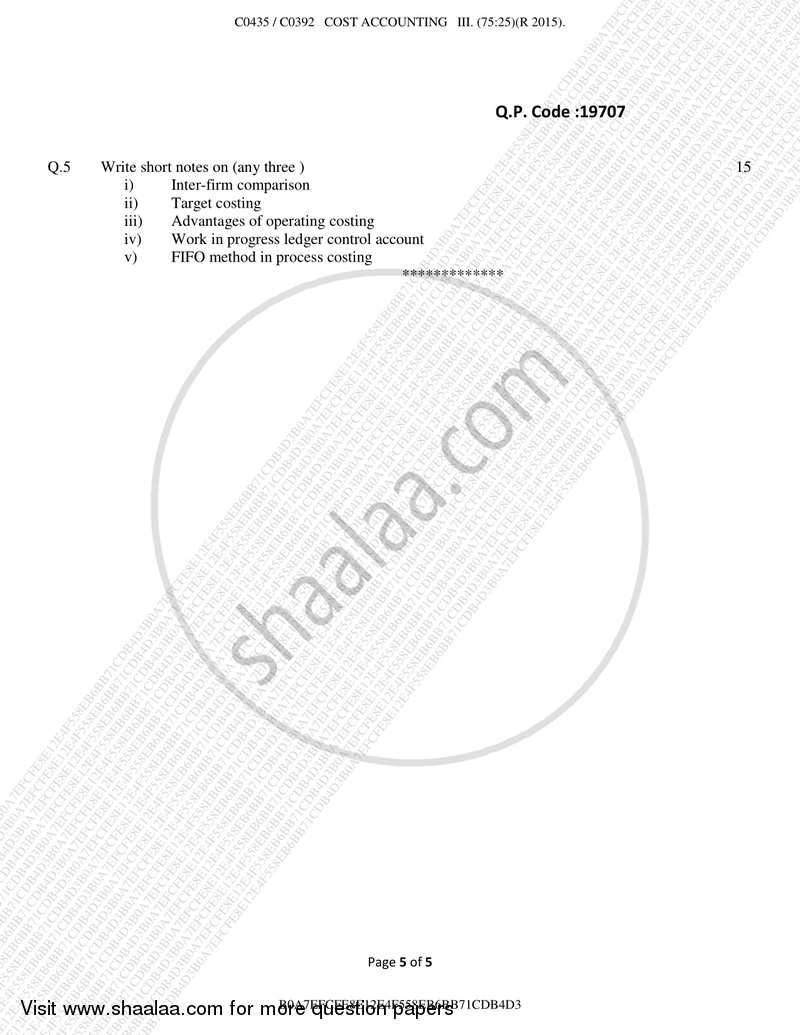 Cost Accounting 3 2017-2018 - B.Com. - Semester 5 (TYBAF) - University of Mumbai question paper with PDF download