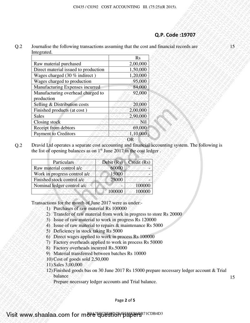 Cost Accounting 3 2017-2018 - B.Com. - Semester 5 (TYBAF) - University of Mumbai question paper with PDF download