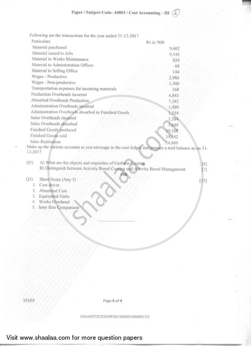 Cost Accounting 3 2018-2019 - B.Com. - Semester 5 (TYBAF) - University of Mumbai question paper with PDF download