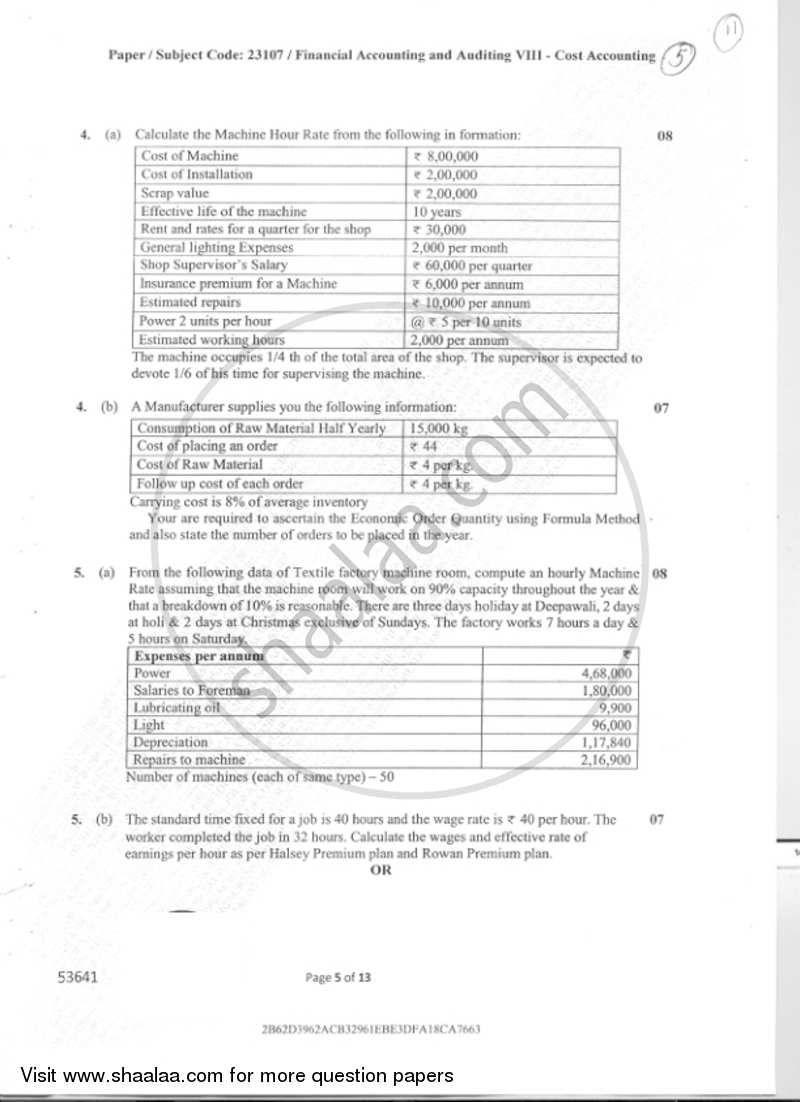 Cost Accounting(Financial Accounting and Auditing 8) 2018-2019 - B.Com. - Semester 5 (TYBcom) - University of Mumbai question paper with PDF download