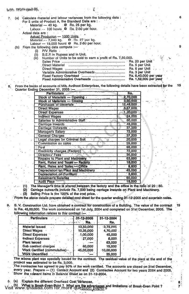 Cost Accounting Introduction and Basic Concepts (Financial Accounting and Auditing 4) 2005-2006 - B.Com. - 3rd Year (TYBcom) - University of Mumbai question paper with PDF download