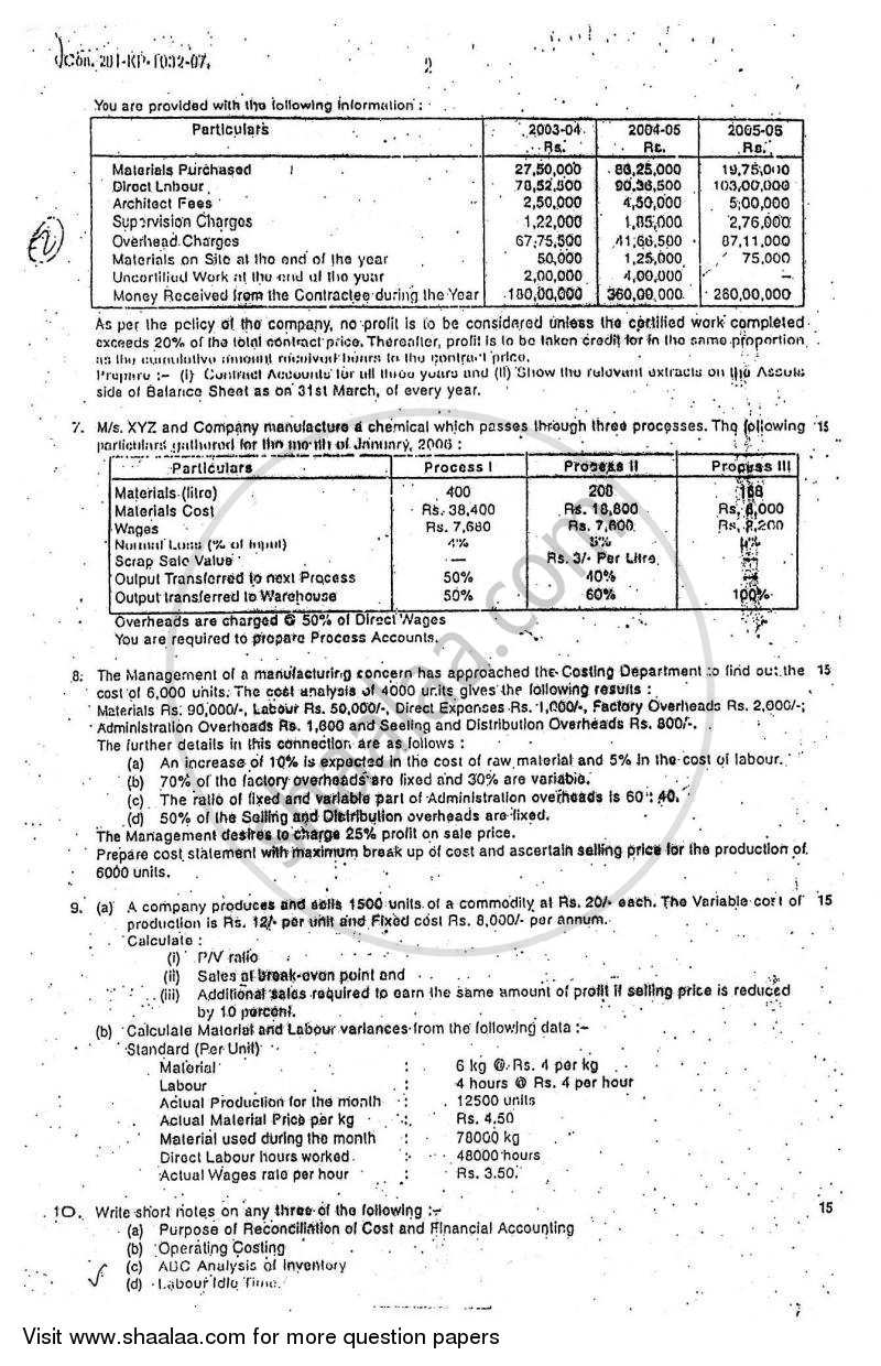 Cost Accounting Introduction and Basic Concepts (Financial Accounting and Auditing 4) 2006-2007 - B.Com. - 3rd Year (TYBcom) - University of Mumbai question paper with PDF download