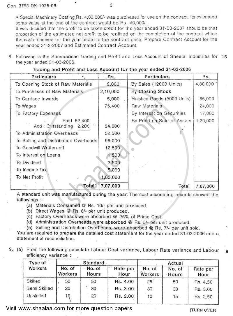 Cost Accounting Introduction and Basic Concepts (Financial Accounting and Auditing 4) 2008-2009 - B.Com. - 3rd Year (TYBcom) - University of Mumbai question paper with PDF download