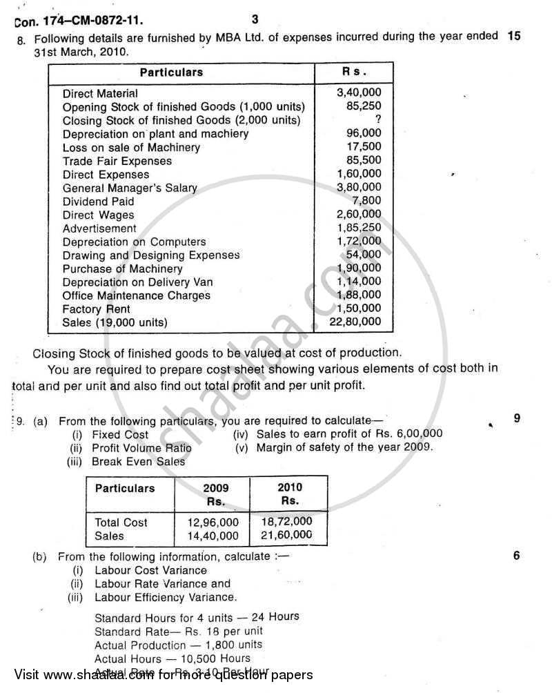 Cost Accounting Introduction and Basic Concepts (Financial Accounting and Auditing 4) 2010-2011 - B.Com. - 3rd Year (TYBcom) - University of Mumbai question paper with PDF download