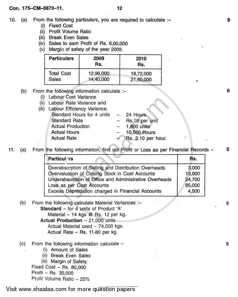 Cost Accounting Introduction and Basic Concepts (Financial Accounting and Auditing 4) 2010-2011 - B.Com. - 3rd Year (TYBcom) - University of Mumbai question paper with PDF download