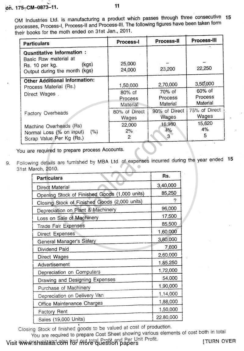 Cost Accounting Introduction and Basic Concepts (Financial Accounting and Auditing 4) 2010-2011 - B.Com. - 3rd Year (TYBcom) - University of Mumbai question paper with PDF download