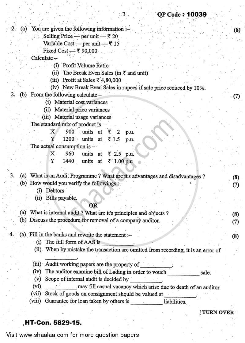 Cost Accounting Introduction and Basic Concepts (Financial Accounting and Auditing 4) 2014-2015 - B.Com. - 3rd Year (TYBcom) - University of Mumbai question paper with PDF download