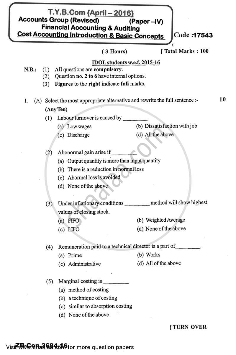 Cost Accounting Introduction and Basic Concepts (Financial Accounting and Auditing 4) 2015-2016 - B.Com. - 3rd Year (TYBcom) - University of Mumbai question paper with PDF download