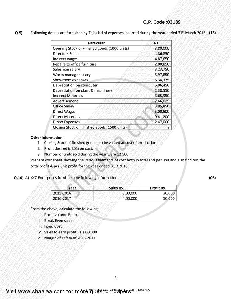Cost Accounting Introduction and Basic Concepts (Financial Accounting and Auditing 4) 2016-2017 - B.Com. - 3rd Year (TYBcom) - University of Mumbai question paper with PDF download