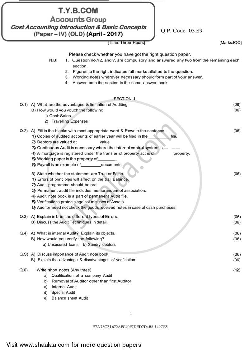 Cost Accounting Introduction and Basic Concepts (Financial Accounting and Auditing 4) 2016-2017 - B.Com. - 3rd Year (TYBcom) - University of Mumbai question paper with PDF download