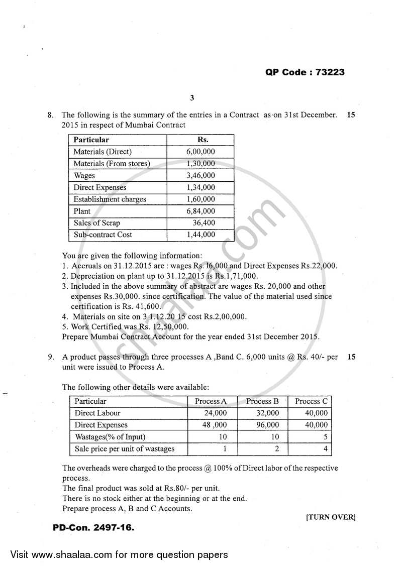 Cost Accounting Introduction and Basic Concepts (Financial Accounting and Auditing 4) 2016-2017 - B.Com. - 3rd Year (TYBcom) - University of Mumbai question paper with PDF download
