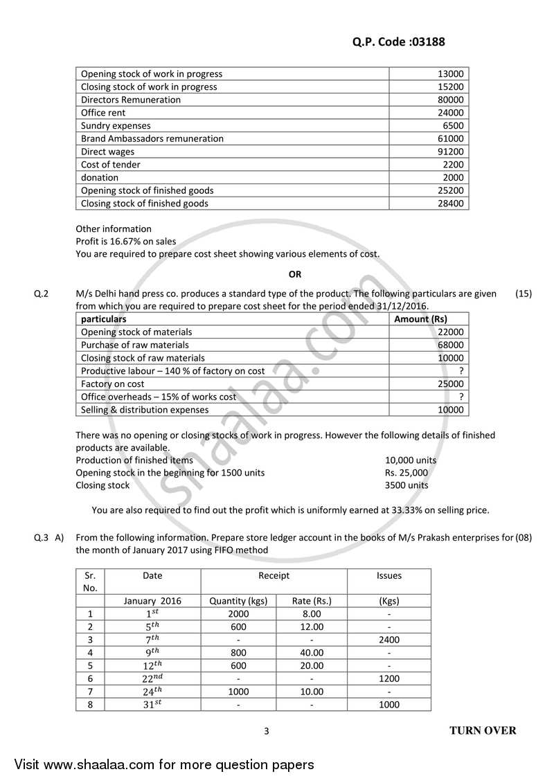 Cost Accounting Introduction and Basic Concepts (Financial Accounting and Auditing 4) 2017-2018 - B.Com. - 3rd Year (TYBcom) - University of Mumbai question paper with PDF download