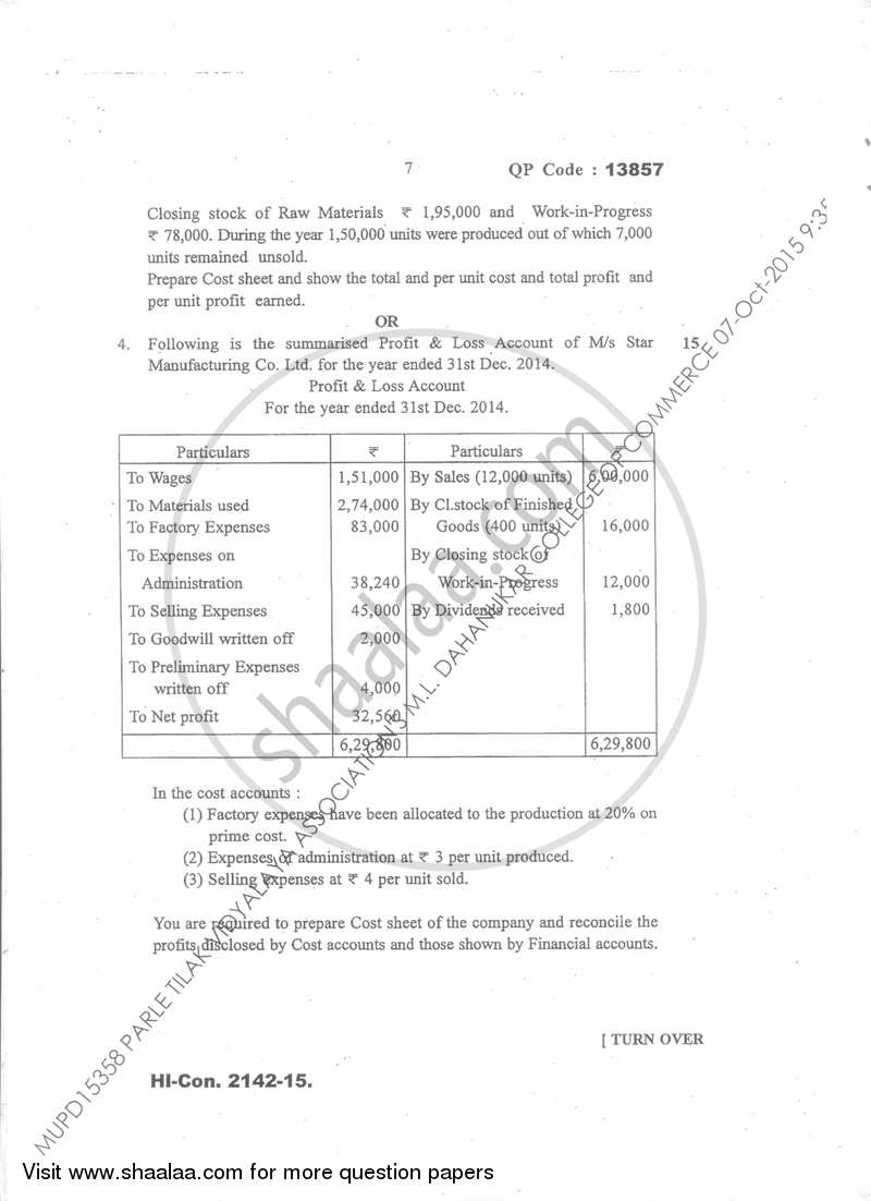 Cost Accounting Introduction and Basic Concepts (Financial Accounting and Auditing 6) 2015-2016 - B.Com. - Semester 5 (TYBcom) - University of Mumbai question paper with PDF download