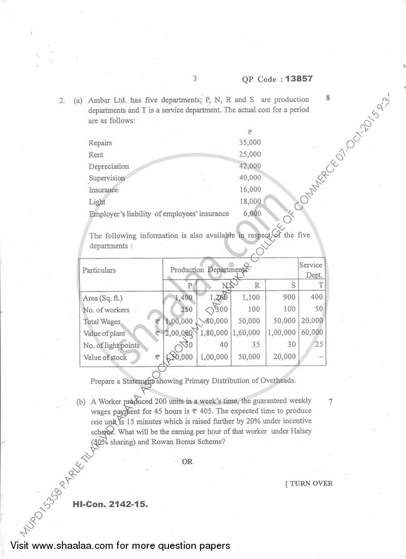 Cost Accounting Introduction and Basic Concepts (Financial Accounting and Auditing 6) 2015-2016 - B.Com. - Semester 5 (TYBcom) - University of Mumbai question paper with PDF download