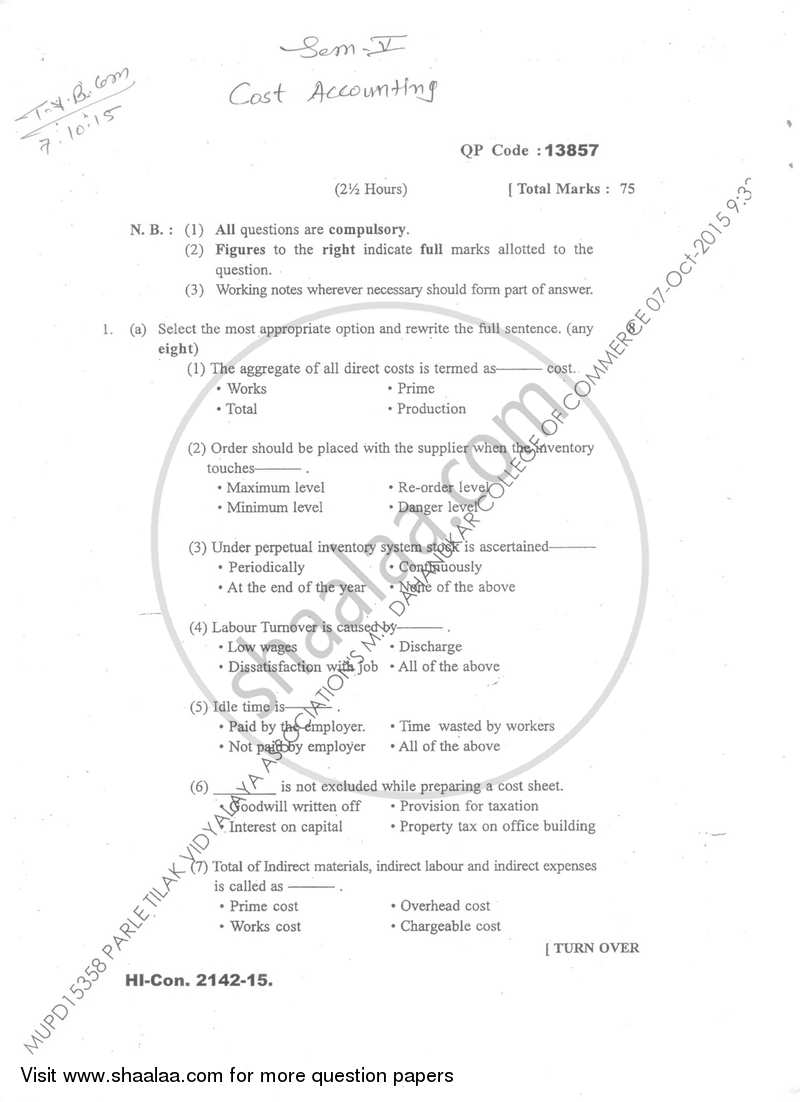 Cost Accounting Introduction and Basic Concepts (Financial Accounting and Auditing 6) 2015-2016 - B.Com. - Semester 5 (TYBcom) - University of Mumbai question paper with PDF download