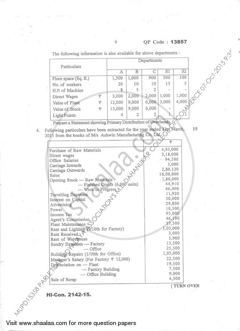 Cost Accounting Introduction and Basic Concepts (Financial Accounting and Auditing 6) 2015-2016 - B.Com. - Semester 5 (TYBcom) - University of Mumbai question paper with PDF download