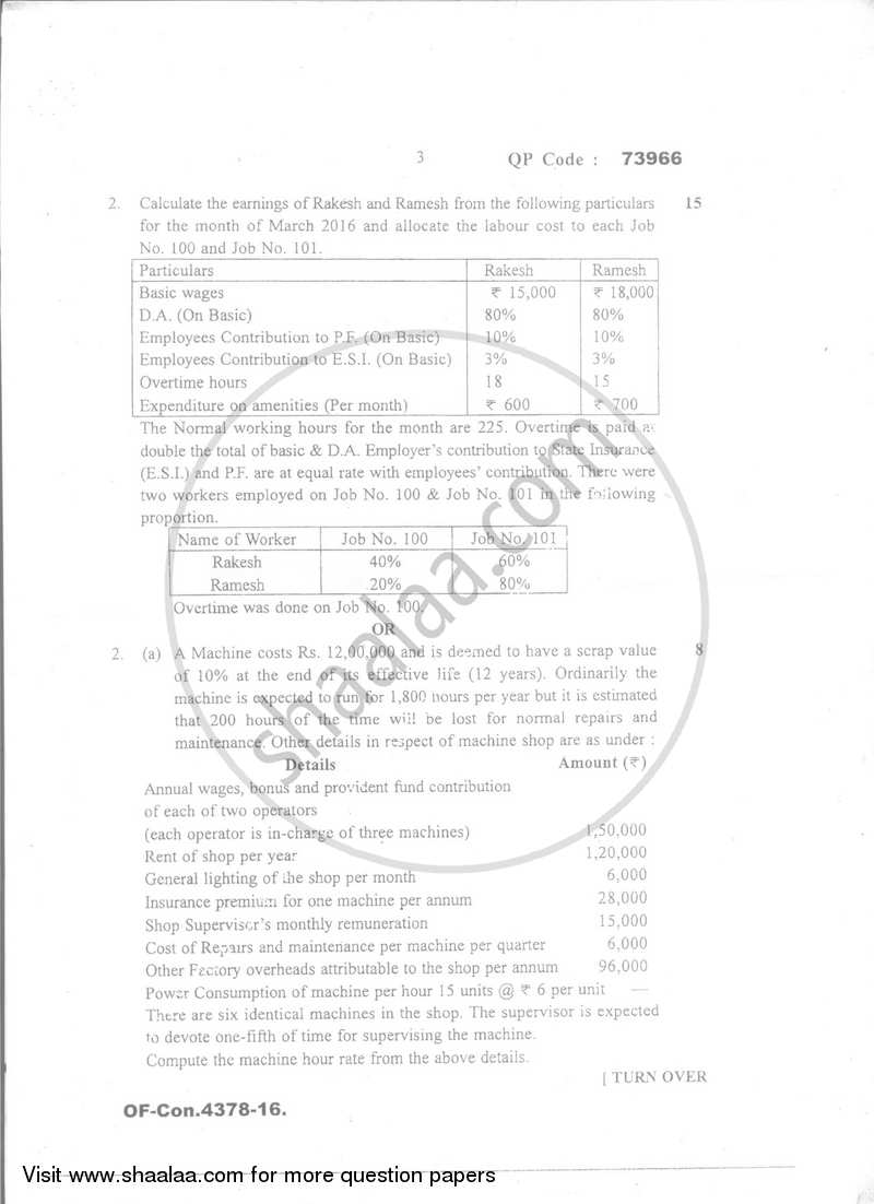 Cost Accounting Introduction and Basic Concepts (Financial Accounting and Auditing 6) 2016-2017 - B.Com. - Semester 5 (TYBcom) - University of Mumbai question paper with PDF download