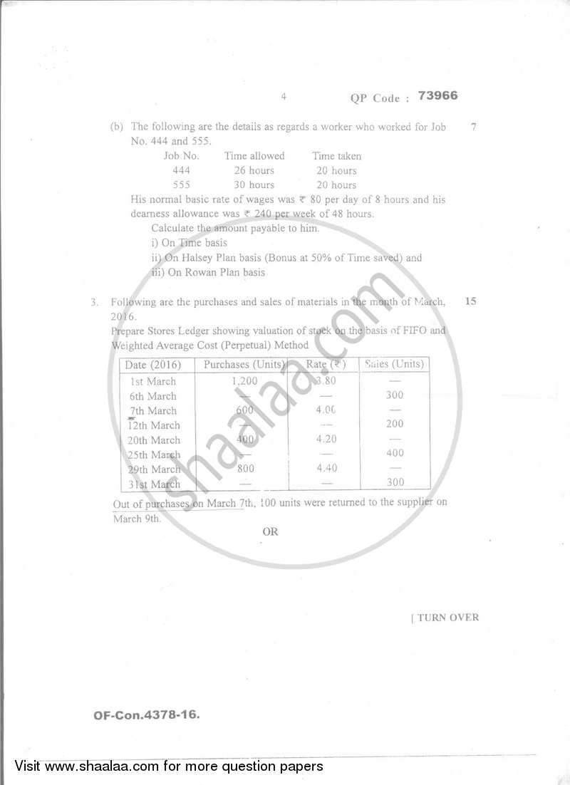 Cost Accounting Introduction and Basic Concepts (Financial Accounting and Auditing 6) 2016-2017 - B.Com. - Semester 5 (TYBcom) - University of Mumbai question paper with PDF download