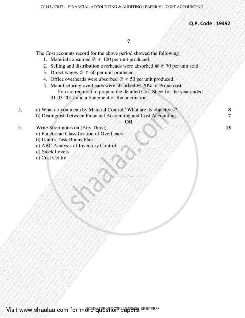 Cost Accounting Introduction and Basic Concepts (Financial Accounting and Auditing 6) 2017-2018 - B.Com. - Semester 5 (TYBcom) - University of Mumbai question paper with PDF download