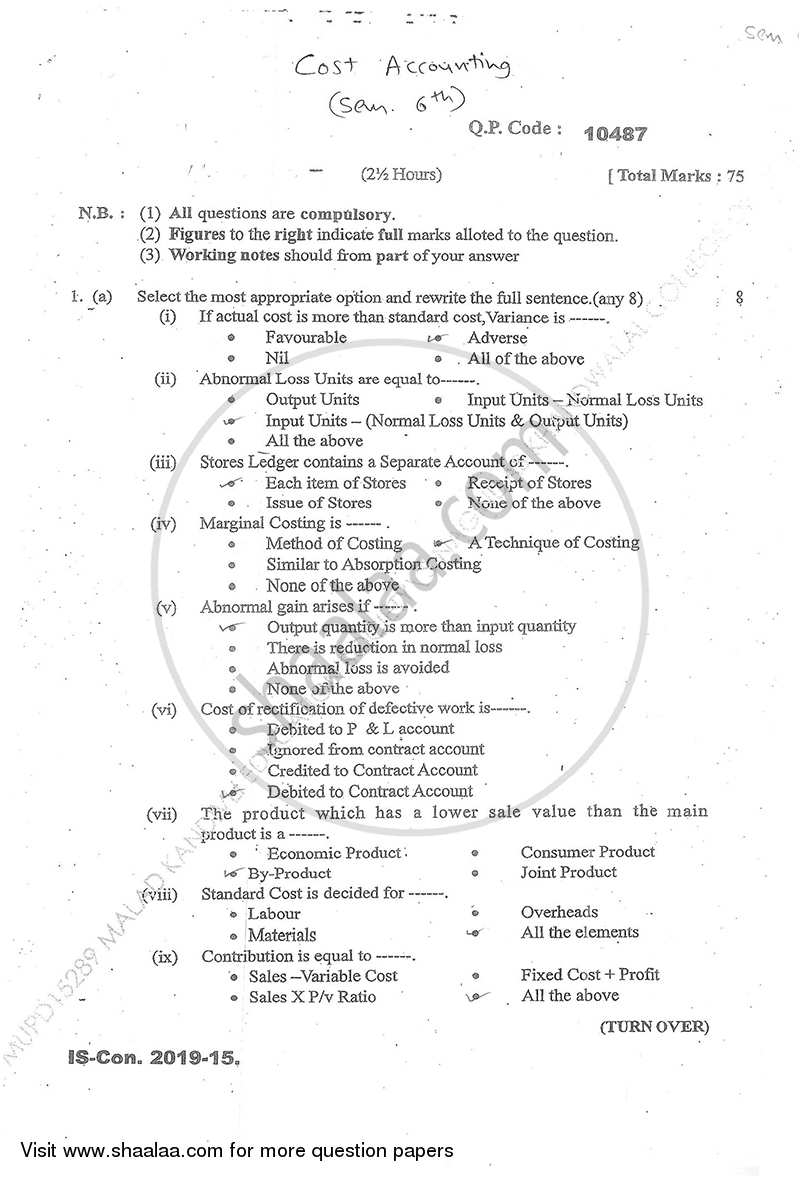 Cost Accounting Introduction and Basic Concepts (Financial Accounting and Auditing 9) 2014-2015 - B.Com. - Semester 6 (TYBcom) - University of Mumbai question paper with PDF download