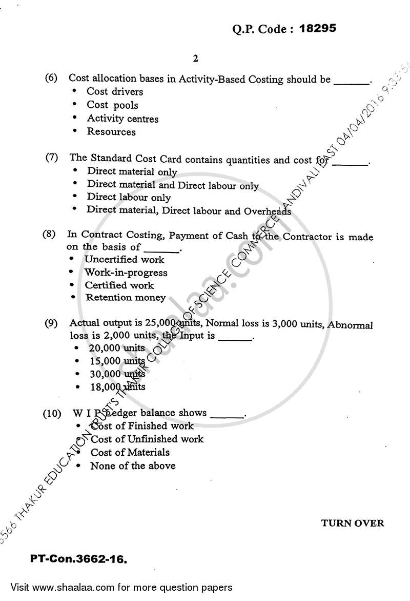 Cost Accounting Introduction and Basic Concepts (Financial Accounting and Auditing 9) 2015-2016 - B.Com. - Semester 6 (TYBcom) - University of Mumbai question paper with PDF download