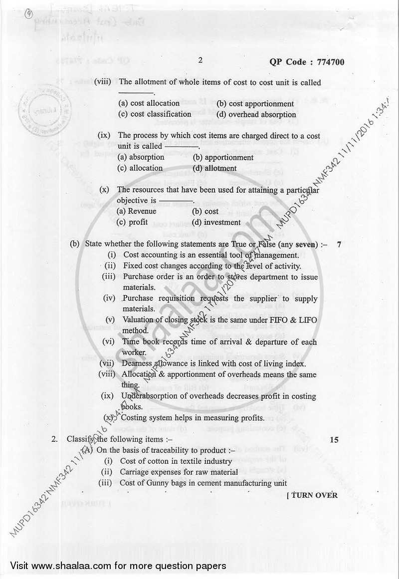 Cost Accounting-Introduction and Element of Cost 1 2016-2017 - B.Com. - Semester 1 (FYBAF) - University of Mumbai question paper with PDF download