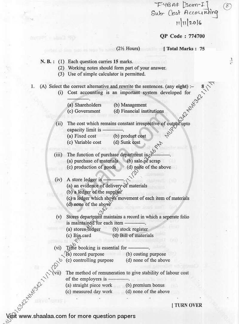 Cost Accounting-Introduction and Element of Cost 1 2016-2017 - B.Com. - Semester 1 (FYBAF) - University of Mumbai question paper with PDF download